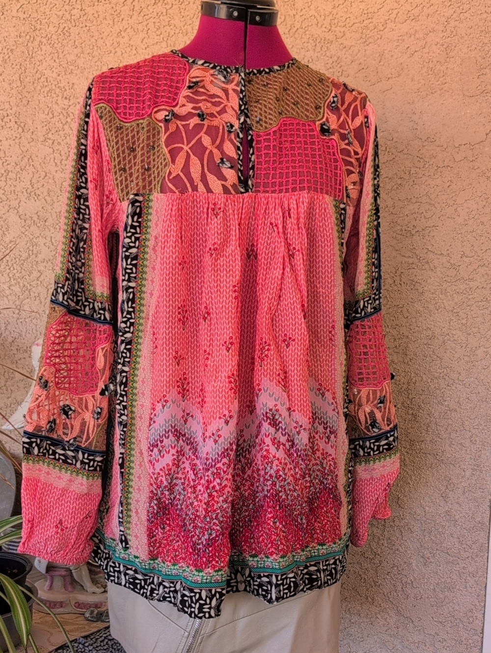 Vibrant Bhanuni By Jyoti Anthropologie Tunic Top Sheer Flowy Boho Blouse Sz M